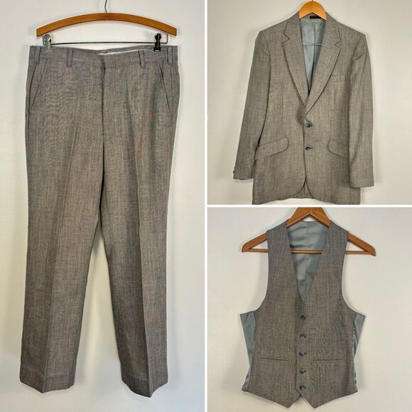 VTG 70's RJ Bannister Mens 3 Piece Suit Gray Blazer Vest Pants 38R Please Read